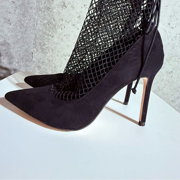 Zara Suede Black Fishnet Sock Heels Shoes Sz 38(7.5) - Picture 7 of 13